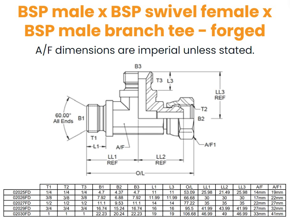1/4 BSP M/F/M Forged Tee For Bonded Seal Hydraulic Adaptor